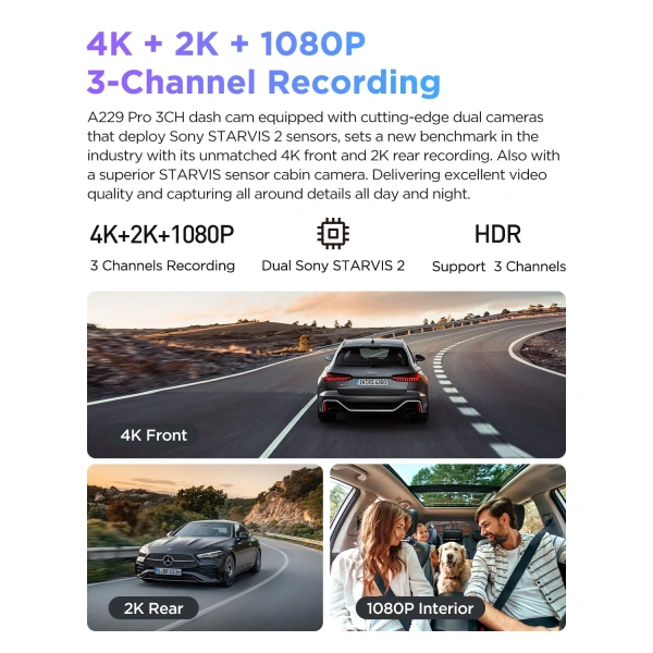 VIOFO A229 PRO 3CH 4K+2K+1080P HDR 3 Channels Car Dash Camera - Image 3