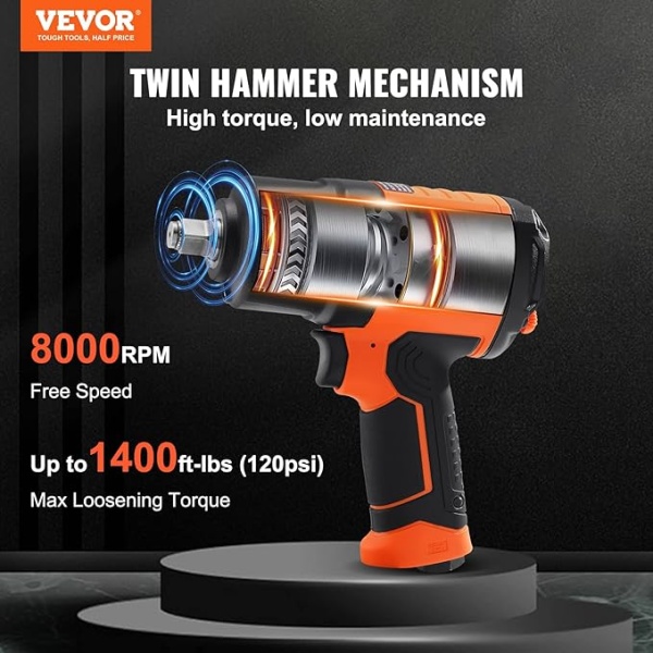 VEVOR 1/2-Inch Air Impact Wrench - High Torque 1400 ft-lbs - Lightweight 4.6 lb - Includes 11-Piece CR-V Steel Impact Socket Set & Carrying Case - Image 5