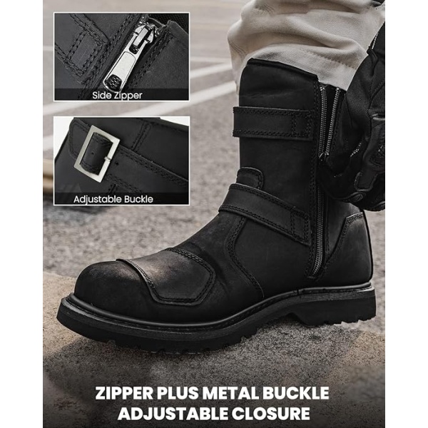 ILM Leather Motorcycle Boots Men Women with Side Zipper Protective Footwear Motorcycle Riding Boots for Combat Tactical Hiking Working(Black) - Image 5