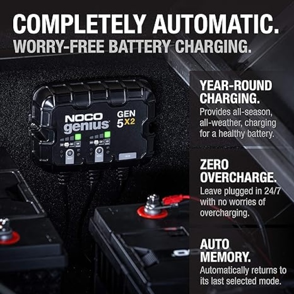 NOCO Genius GEN5X2, 2-Bank, 10A (5A/Bank) Smart Marine Battery Charger, 12V Waterproof Onboard Boat Charger, Battery Maintainer and Desulfator for AGM, Lithium (LiFePO4) and Deep-Cycle Batteries - Image 2