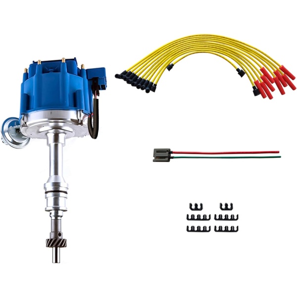 MAS Performance HEI Ignition Distributor w/Cap & Rotor and Spark plug Wire set Compatible with Ford 351C 351M 400 429 460 HEI 65,000 Volt Coil KA-1046013 PE332U JM6506BL 351CBLHEI0(Blue HEI Kit)