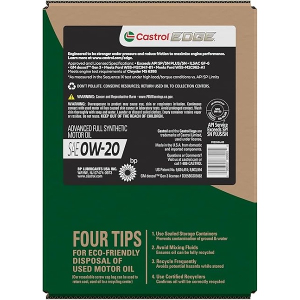 Castrol Edge 0W-20 Advanced Full Synthetic Motor Oil, 5 Quarts, Eco Pack - Image 6