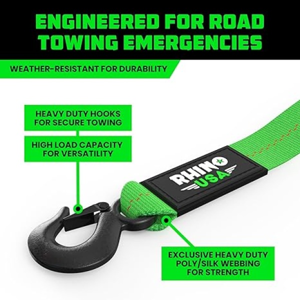Rhino USA Tow Strap with Hooks (2 Inch x 20 Foot) Lab Tested 10,321lbs Break Strength - Heavy Duty Emergency Towing Straps with Forged Steel Hooks for Roadside Recovery - Not for Off-Road Recoveries - Image 2