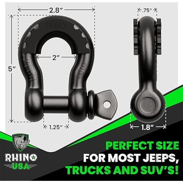 Rhino USA D Ring Shackles (2-Pack) - 41,850lb Break Strength – Heavy Duty 3/4" Clevis Shackle with 7/8 Pin for Towing & Off-Road Use - Pairs with Tow Strap for Vehicle Recovery (Black) - Image 5