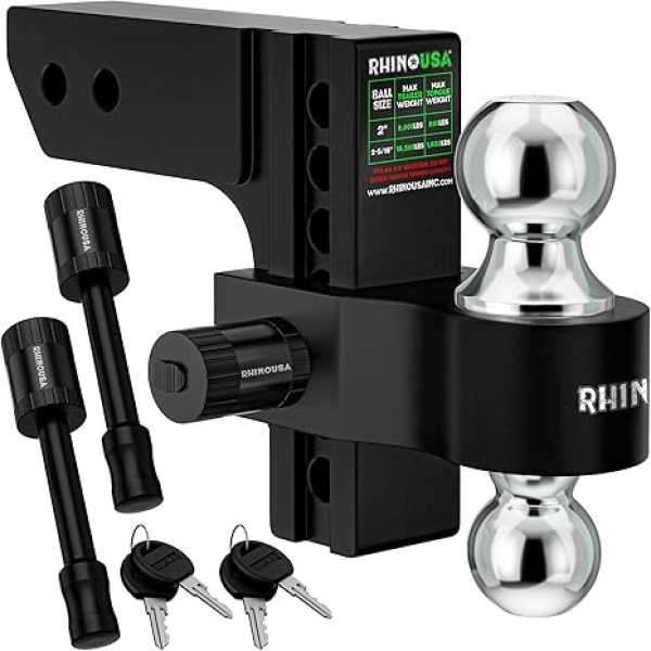 Rhino USA Adjustable Trailer Hitch (Fits 2-Inch Receiver) - Heavy Duty Aluminum Tow Hitches with 6-Inch Drop/Rise for Truck (12,500 LBS GTW) - Weatherproof Double Anti-Theft Locking Hitch Pins (Black) 2"x6"