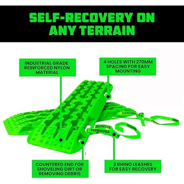 Rhino USA Recovery Traction Boards (Green) - Ultimate Offroad Tracks Board for 4x4 Vehicles - Best Off-Road Accessories for Sand, Mud & Snow - Heavy Duty Zipper Carry Bag Included - Image 3