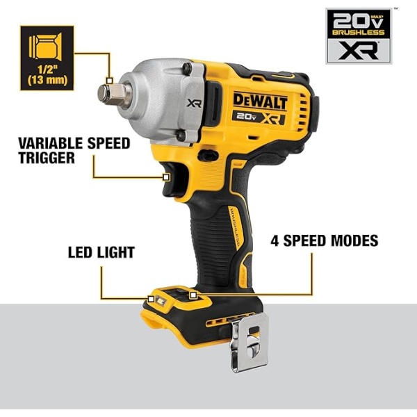 DEWALT 20V MAX Cordless Impact Wrench, 1/2' Hog Ring, Includes LED Work Light and Belt Clip, Bare Tool Only (DCF891B) - Image 2