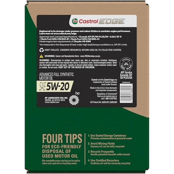 Castrol Edge 5W-20 Advanced Full Synthetic Motor Oil, 5 Quarts, Eco Pack - Image 6