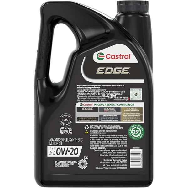 Castrol EDGE 0W-20 Advanced Full Synthetic Motor Oil, 5 Quarts, Pack of 3 - Image 2