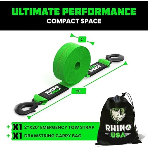 Rhino USA Tow Strap with Hooks (2 Inch x 20 Foot) Lab Tested 10,321lbs Break Strength - Heavy Duty Emergency Towing Straps with Forged Steel Hooks for Roadside Recovery - Not for Off-Road Recoveries - Image 3