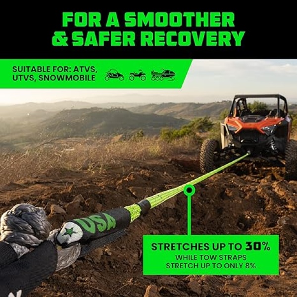 Rhino USA Kinetic Recovery Tow Rope Heavy Duty Offroad Snatch Strap for UTV, ATV, Truck, Car, Tractor - Ultimate Elastic Straps Towing Gear - Backed for Life! (Green., 5/8" x 20') - Image 2