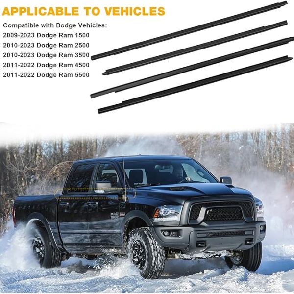 Weatherstrip Window Moulding Trim Seal Belt Kit Compatible with Dodge Ram 1500 2500 3500 4500 5500 Crew Cab 2009-2023, Weather Stripping Replace#55112376AH 55112377AH 55372138AH 55372139AH (4PCS) - Image 6