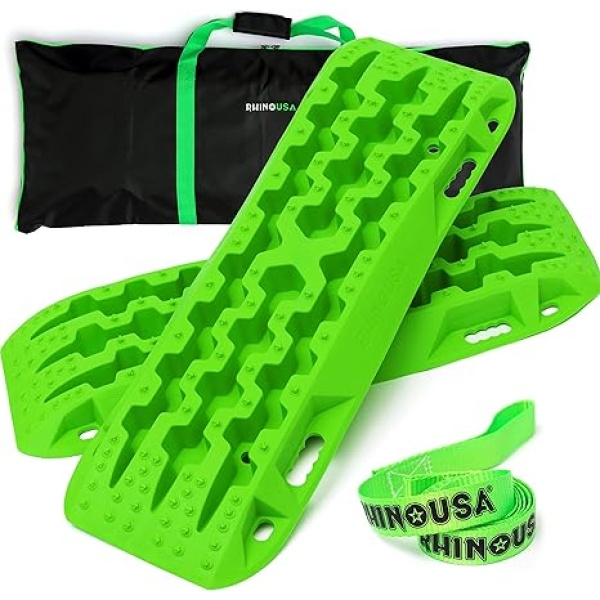 Rhino USA Recovery Traction Boards (Green) - Ultimate Offroad Tracks Board for 4x4 Vehicles - Best Off-Road Accessories for Sand, Mud & Snow - Heavy Duty Zipper Carry Bag Included