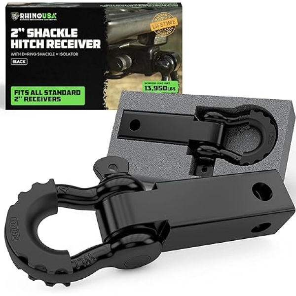 Rhino USA Shackle Hitch Receiver (Fits 2" Receivers) Best Towing Accessories for Trucks, Jeep, Toyota & More - Connect Your Rhino Tow Strap for Vehicle Recovery, Mounts to 2" Receiver Hitches